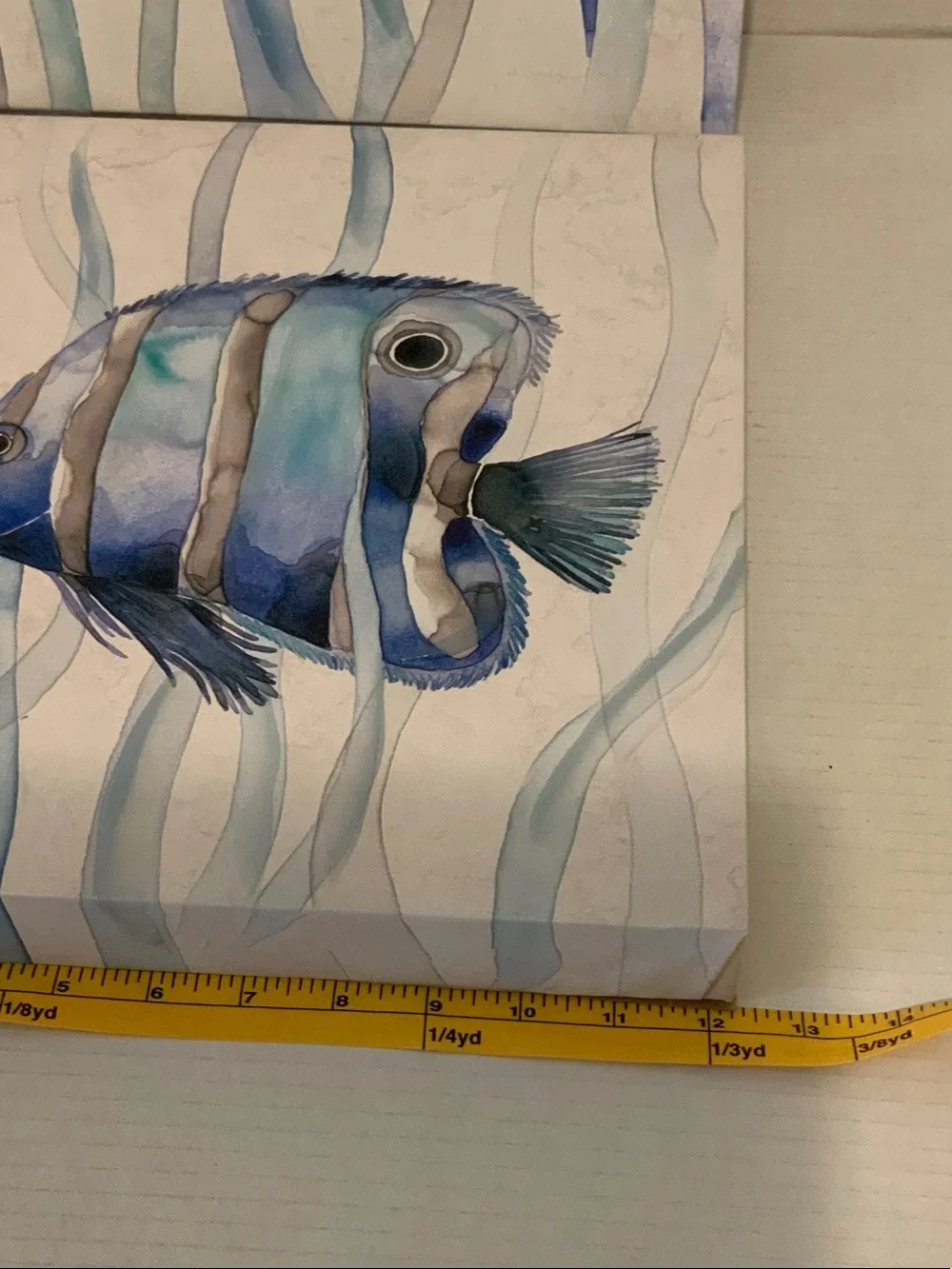 Blue Textured Watercolor Fish Canvas Pair 12”x12”. Shiny texture accents.